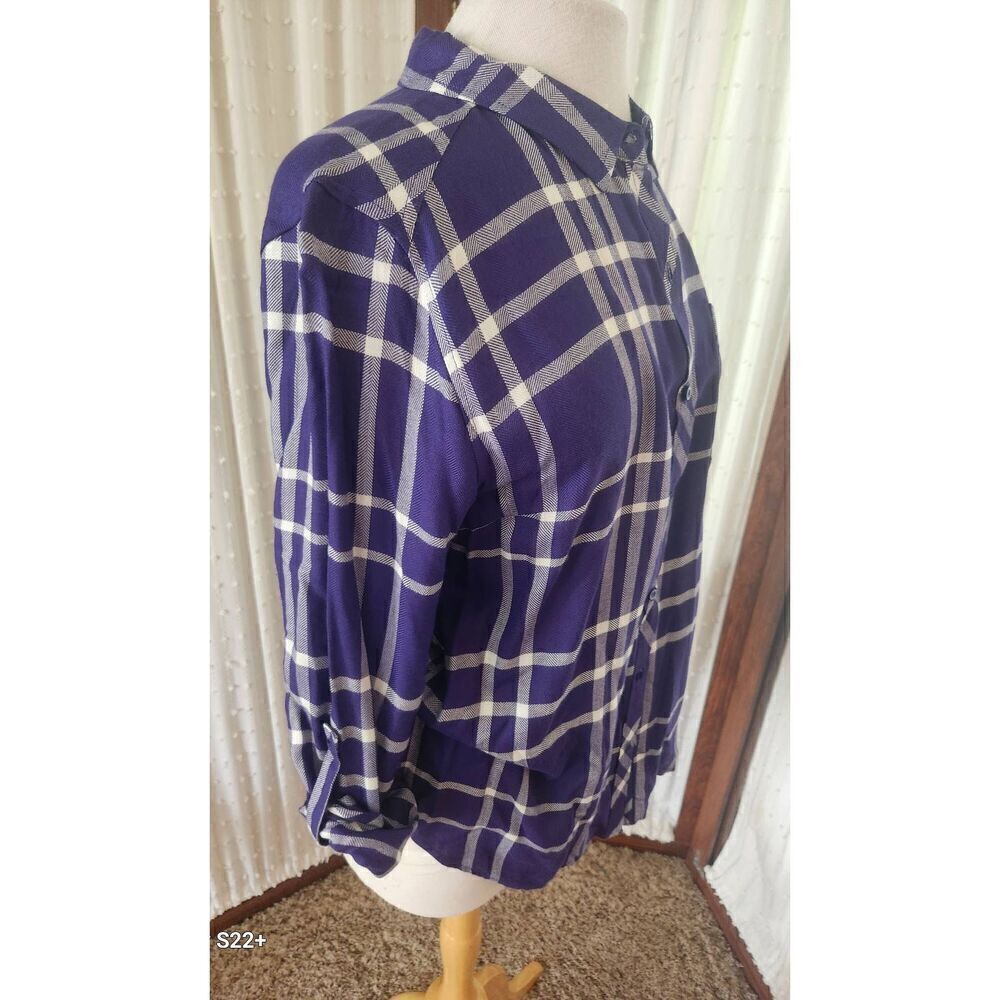 U15 Staccato Purple & White plaid button-up Shirt-Roll Tab Sleeves Chest Pocket